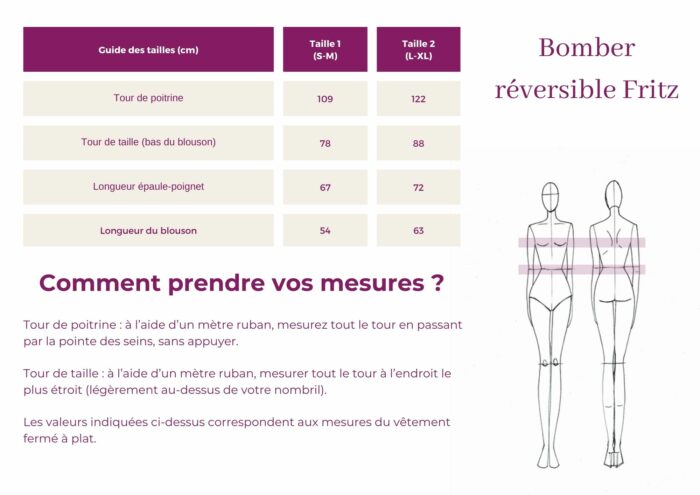 Guide des tailles bombers réversible