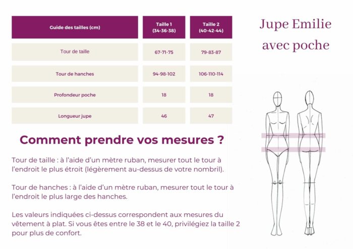 Guide des tailles jupe portefeuille courte Emilie avec poche