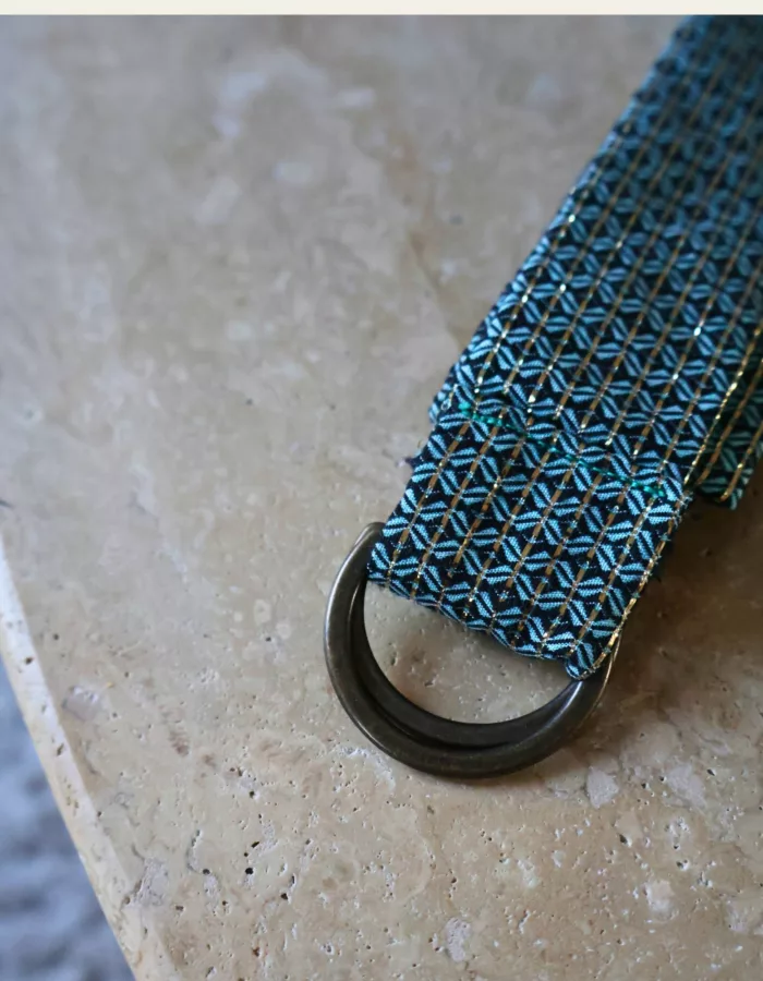 ceinture femme tissu turquoise et rayures dorées, marque La 8eme Fois